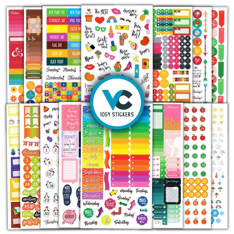 Vladi Creative Planner Stickers - 1054 Pieces, 15 Sheets, Decorative & Productivity-Boosting Colorful Stickers for Journals, Calendars, Scrapbooking, Time Management, & DIY Planner Decoration - Image 1